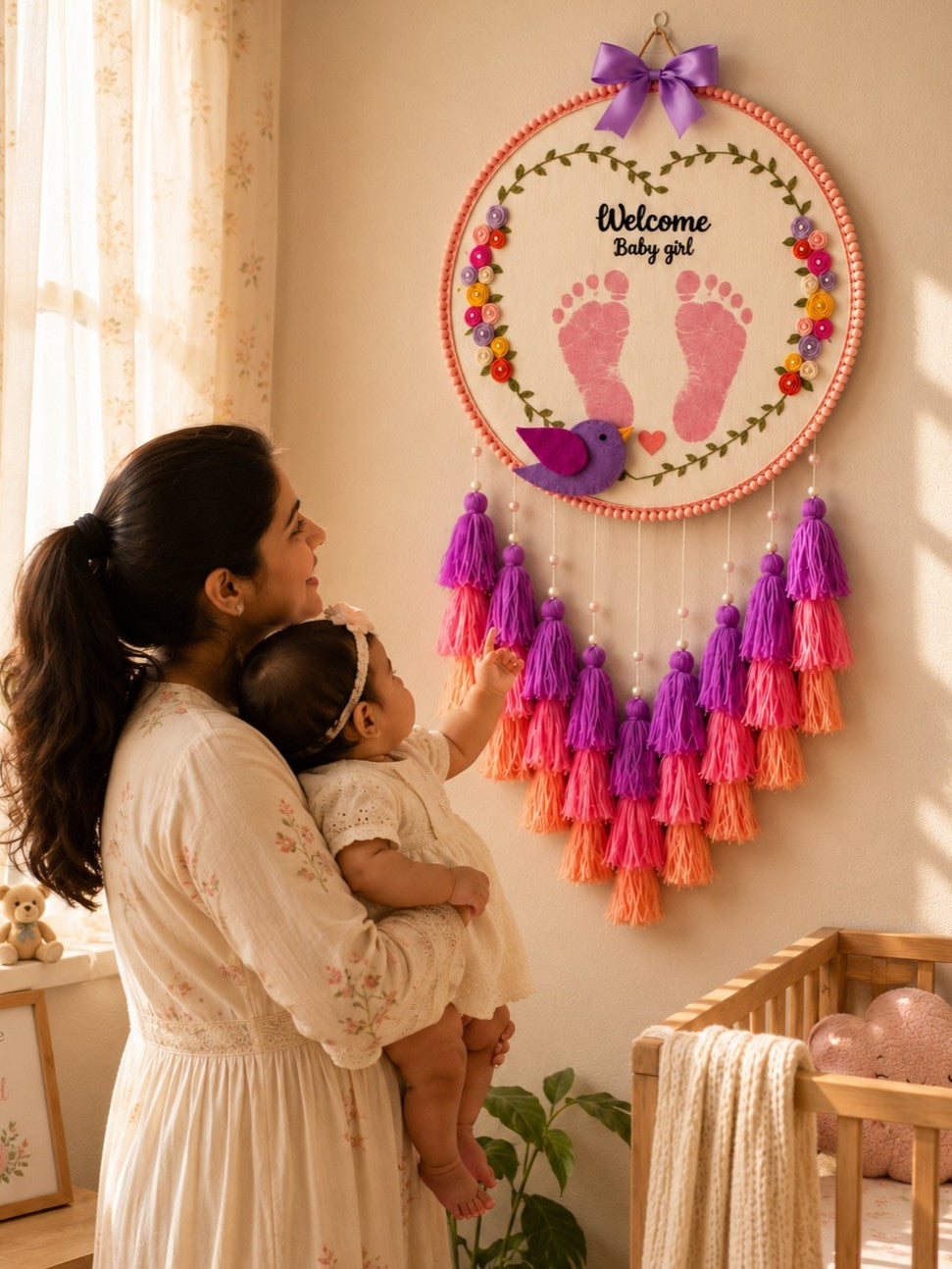 Personalized Baby Footprint Embroidery Wall Hanging with Tassels