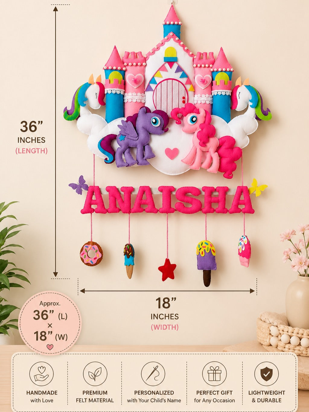 Personalized Princess Castle Unicorn Felt Name Wall Hanging