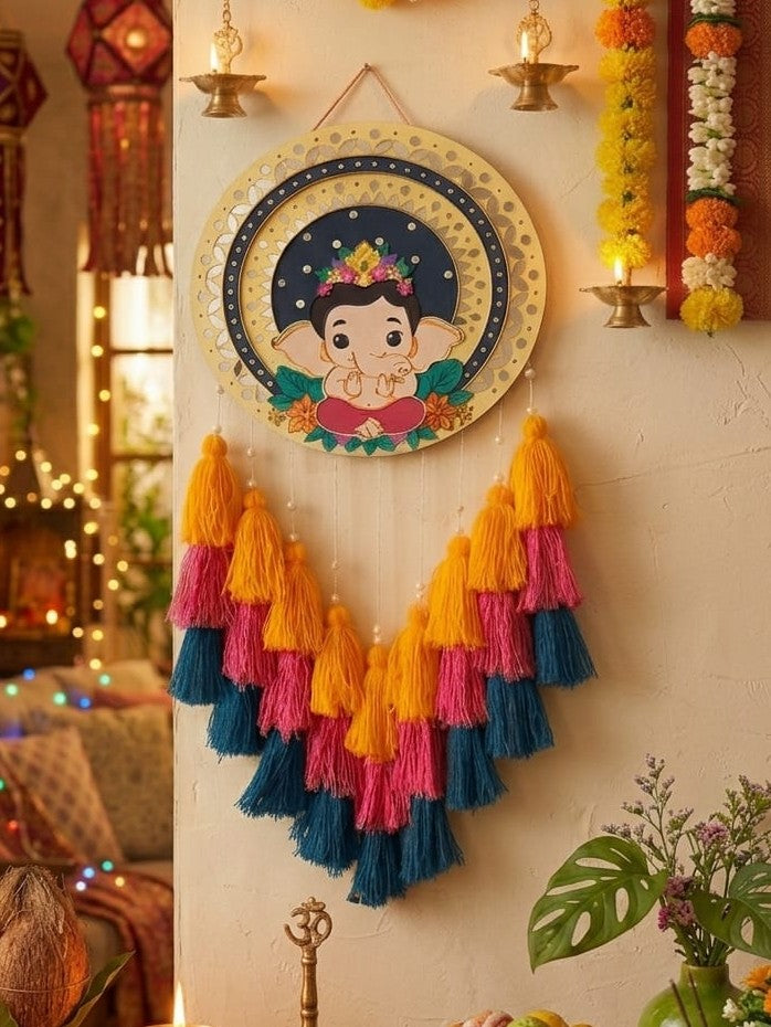 Baby Ganesha Lippan Art Wall Hanging with Tassles