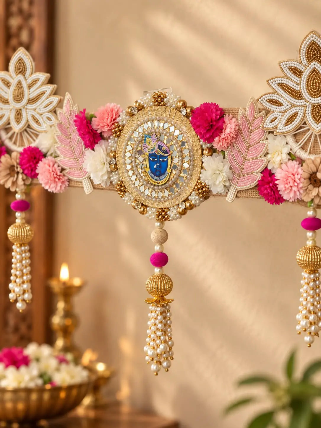Handcrafted Floral Toran with Mirror Work of Srinathji & Beaded Danglers