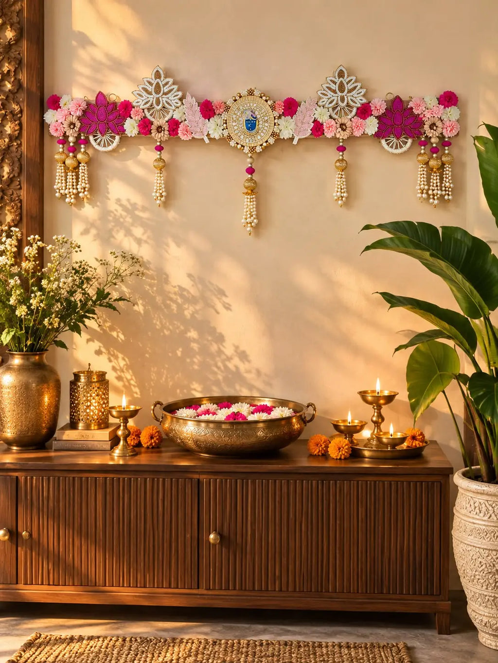 Handcrafted Floral Toran with Mirror Work of Srinathji & Beaded Danglers