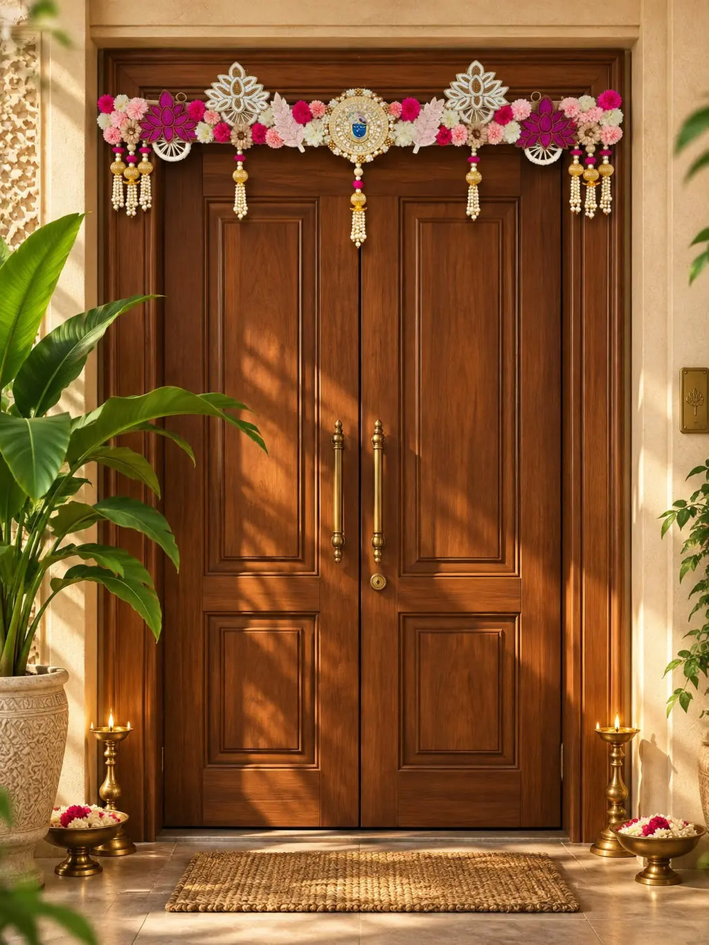 Handcrafted Floral Toran with Mirror Work of Srinathji & Beaded Danglers