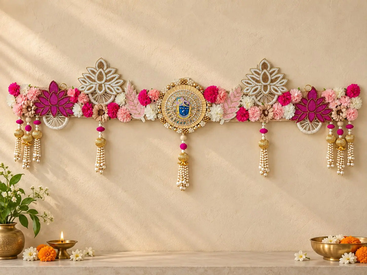 Handcrafted Floral Toran with Mirror Work of Srinathji & Beaded Danglers