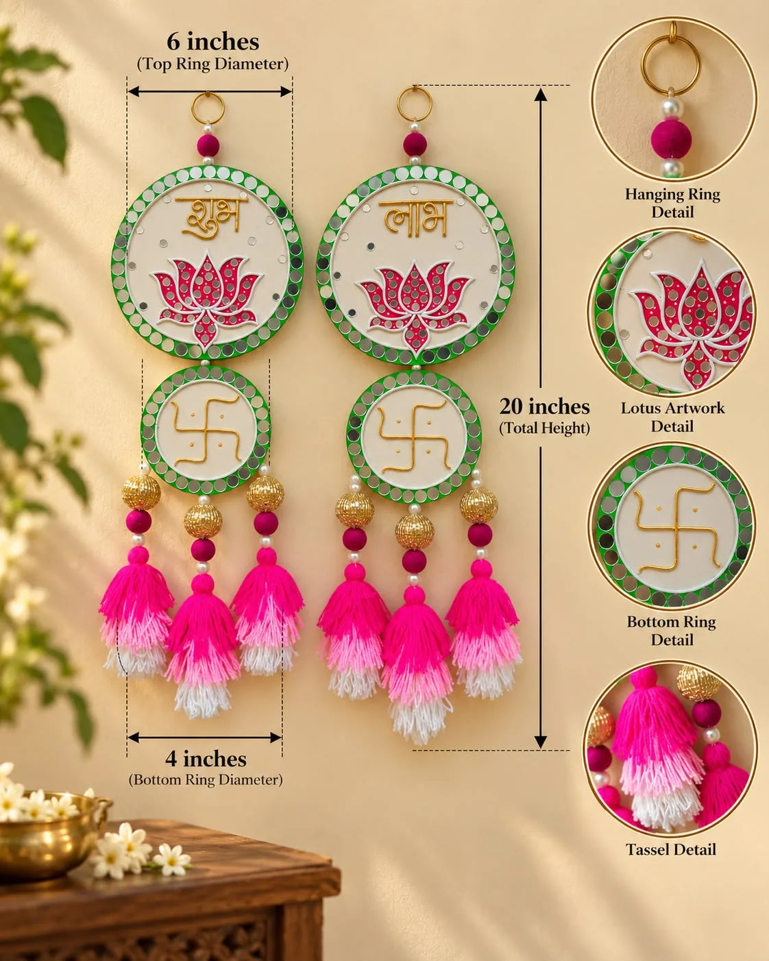 Shubh Labh Wall Hanging with Lotus & Tassels