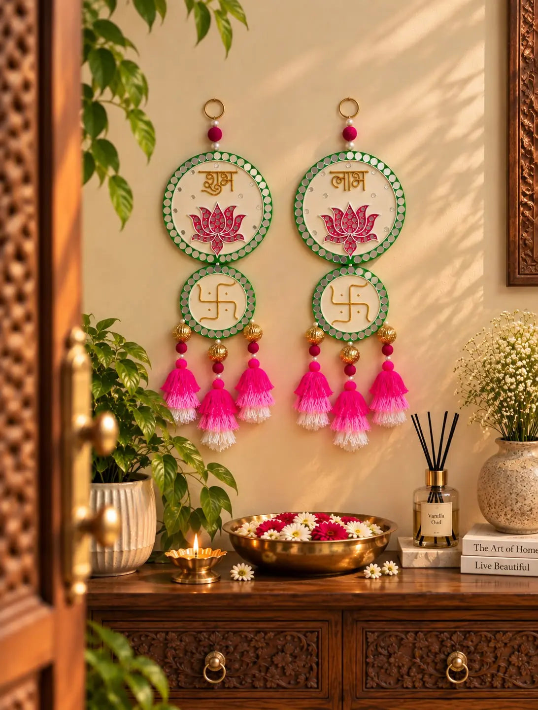 Shubh Labh Wall Hanging with Lotus & Tassels