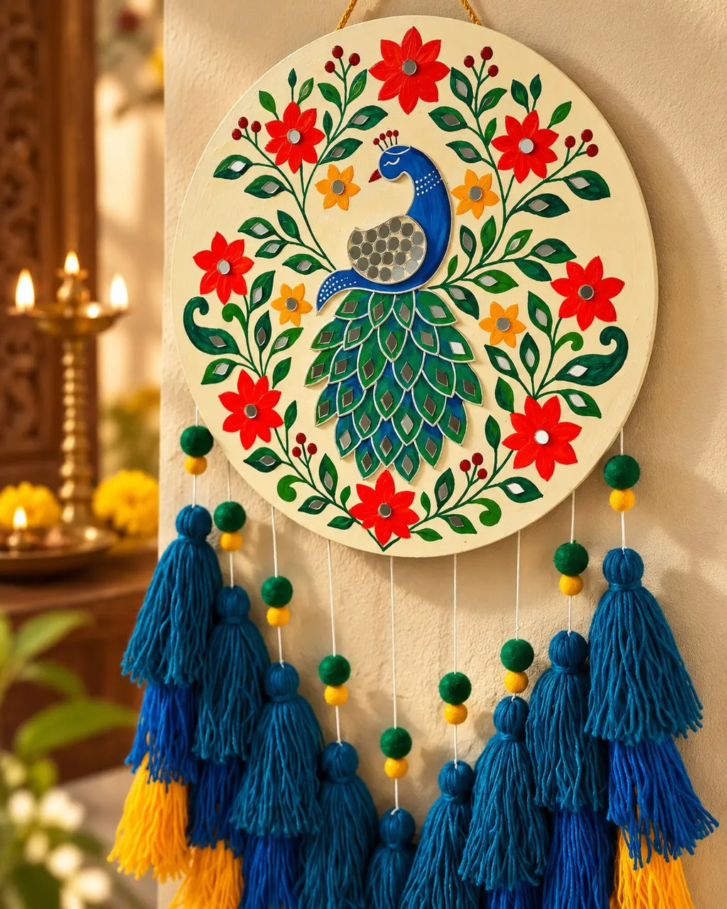 Peacock Garden Handcrafted Lippan Wall Art Hanging with Tassles