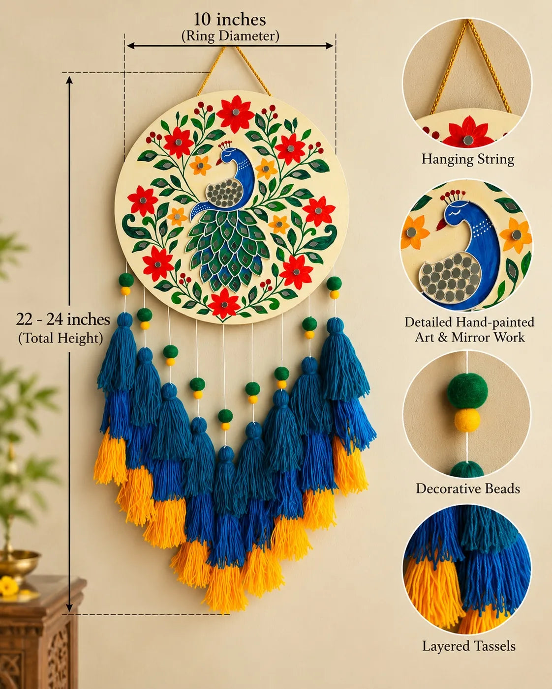 Peacock Garden Handcrafted Lippan Wall Art Hanging with Tassles