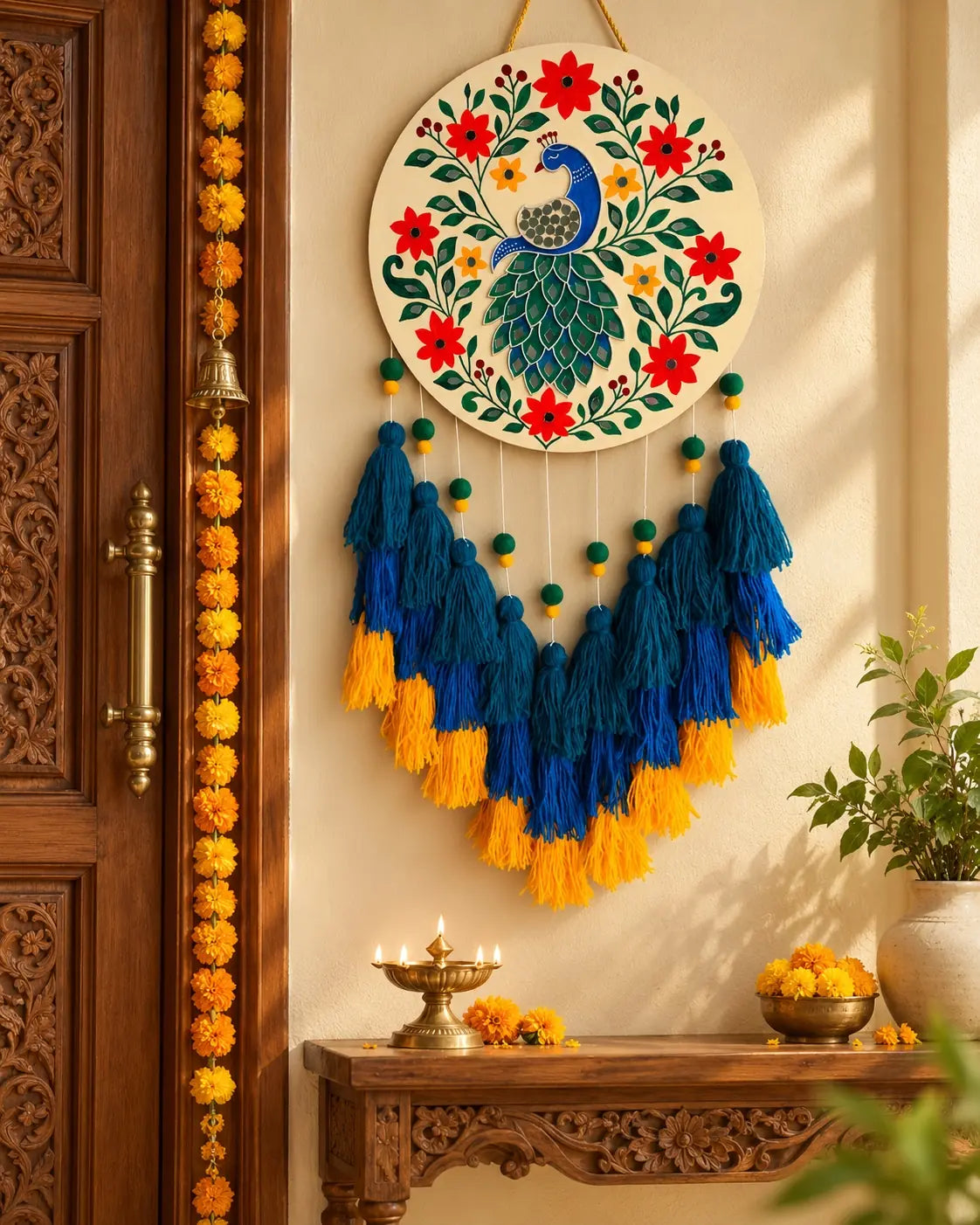 Peacock Garden Handcrafted Lippan Wall Art Hanging with Tassles