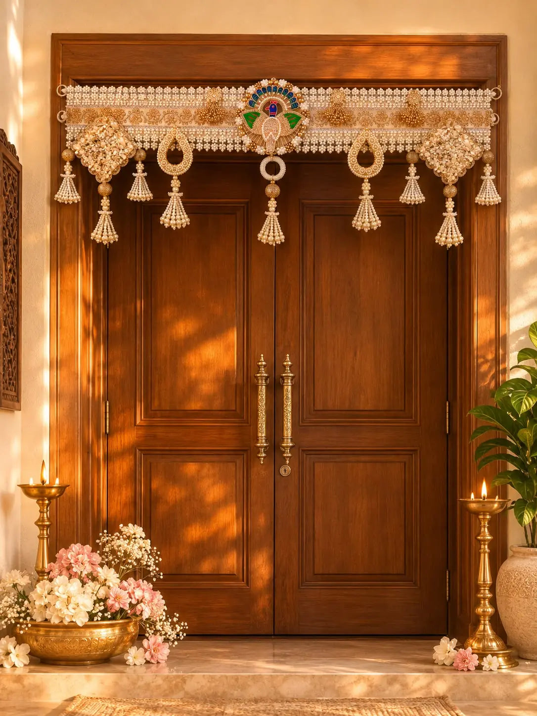 Royal Pearl & Gold Peacock Bandarwal – Handcrafted Festive Toran