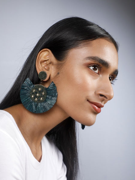 Green raffia earrings with self-coloured bead work - The Tassle Life 