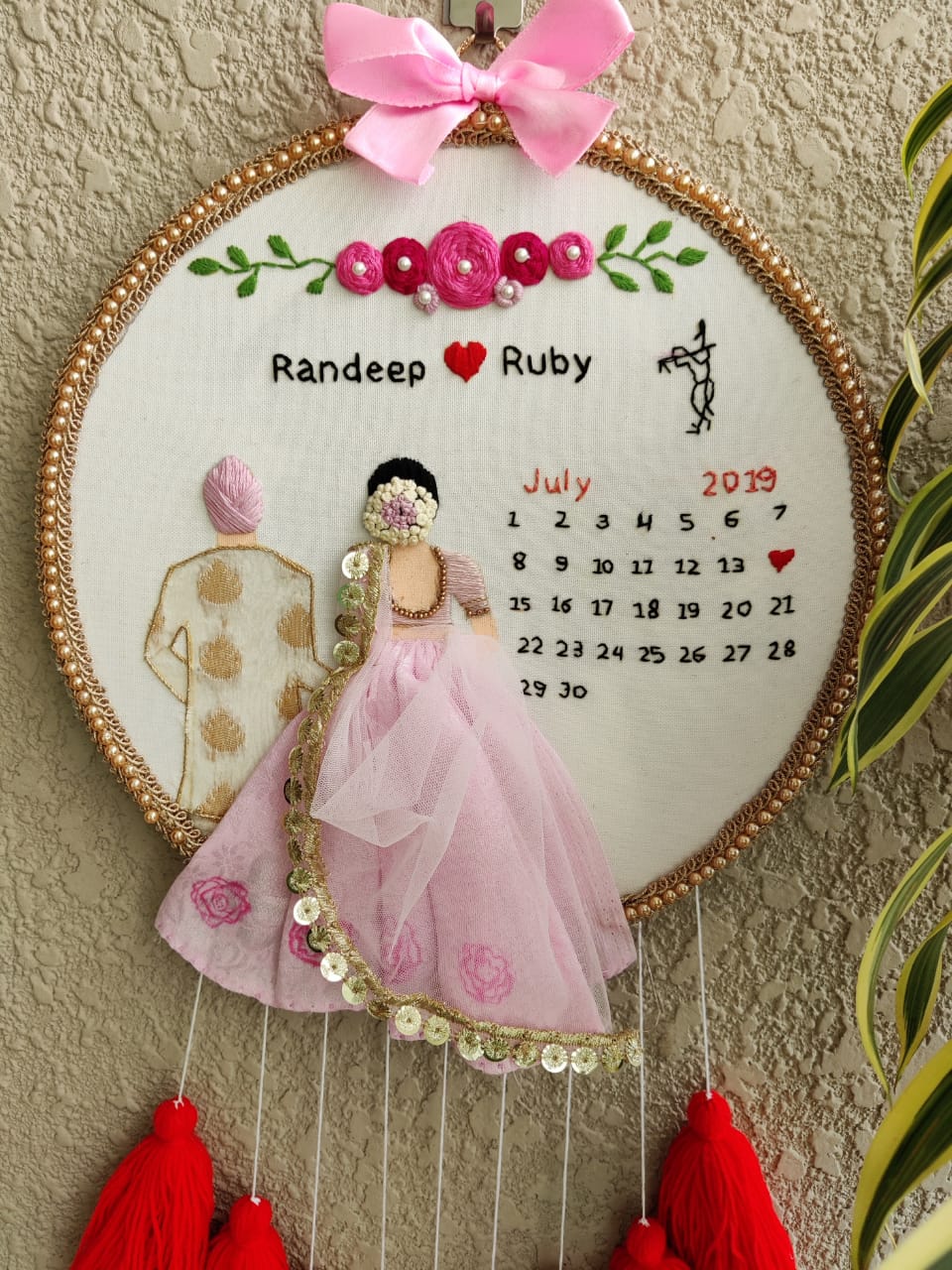 Customizable Bride & Groom Calendar Embroidered Hoop with Tassels