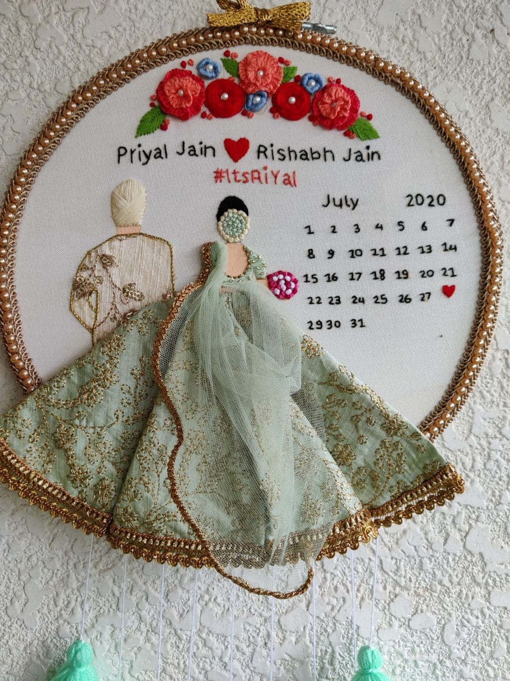 Customizable Bride & Groom Calendar Embroidered Hoop with Tassels