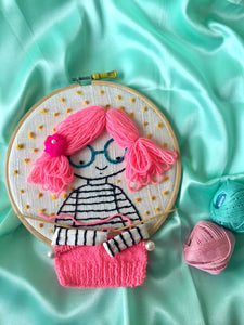 Pink Haired Girl Knitting Embroidered Hoop