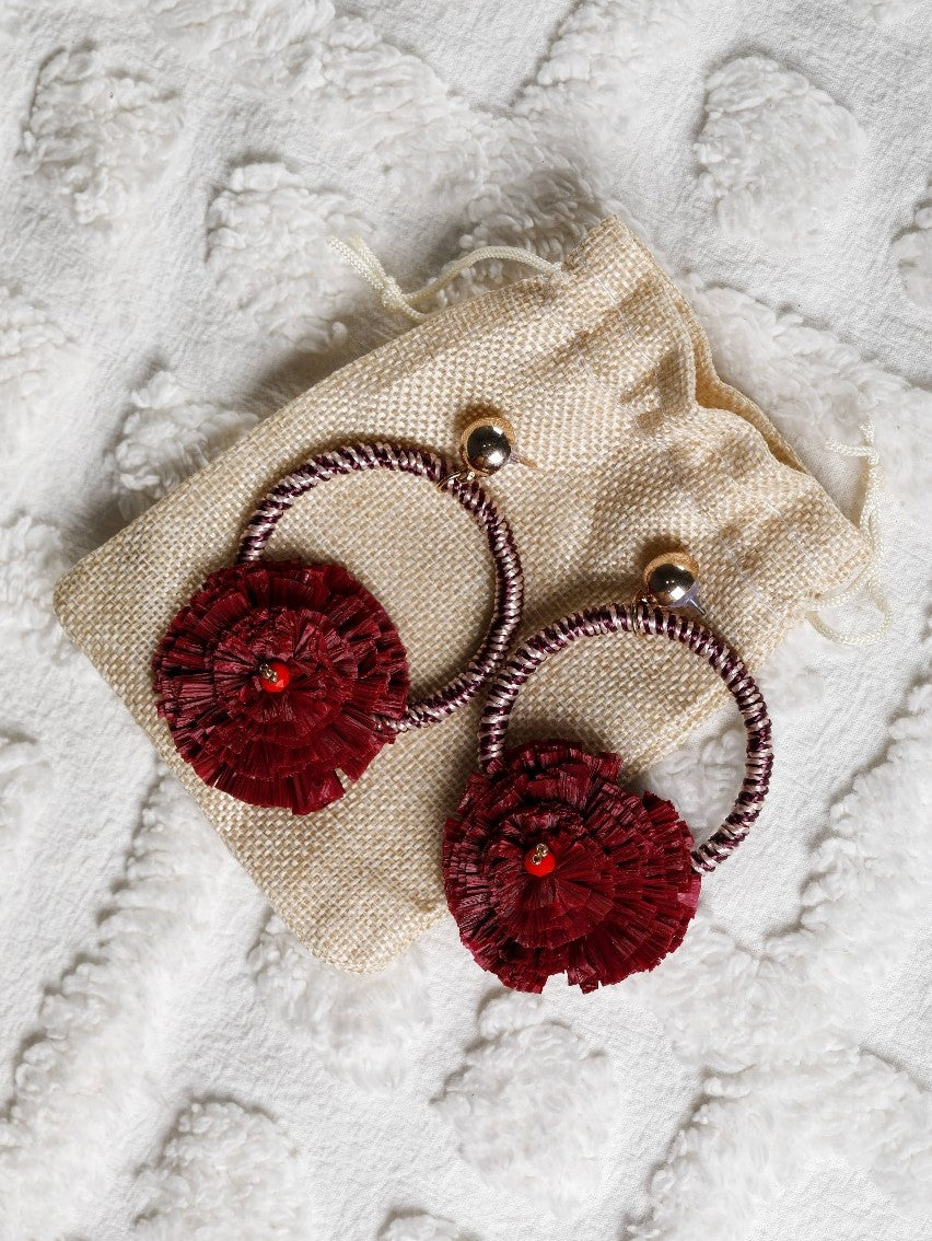 Maroon Raffia earrings on a circular hoop - The Tassle Life 