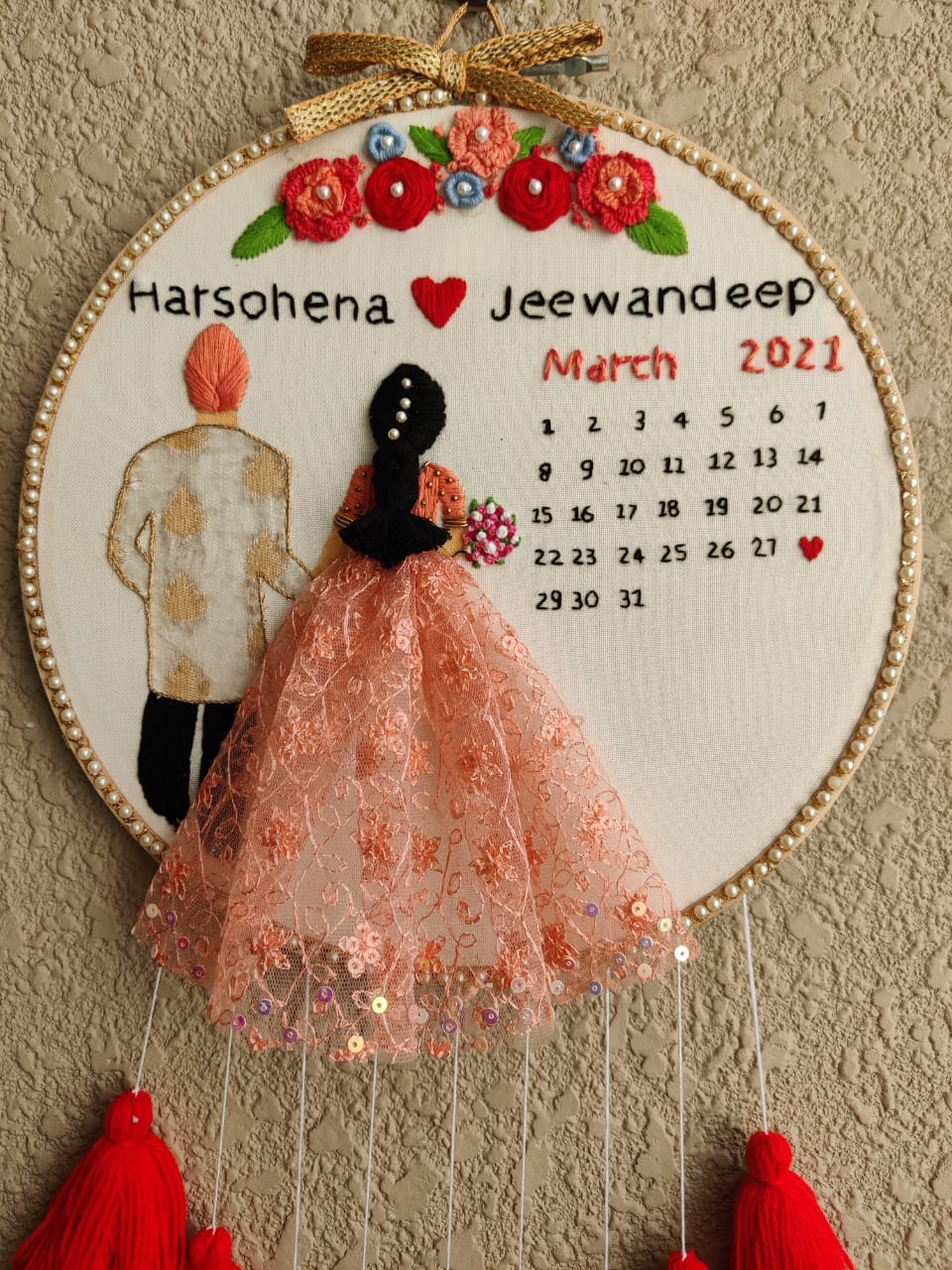 Customizable Bride & Groom Calendar Embroidered Hoop with Tassels