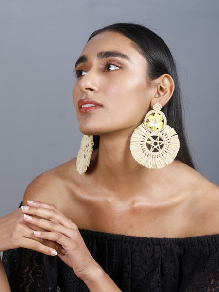 Beige Raffia earrings with a yellow floral stud - The Tassle Life 
