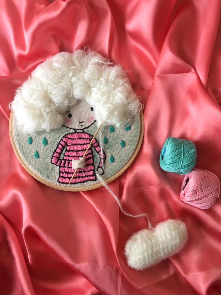White Haired Girl Knitting Embroidered Hoop