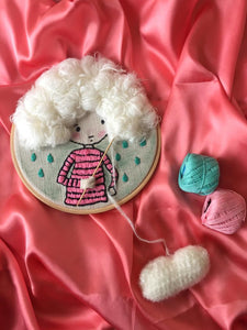 White Haired Girl Knitting Embroidered Hoop