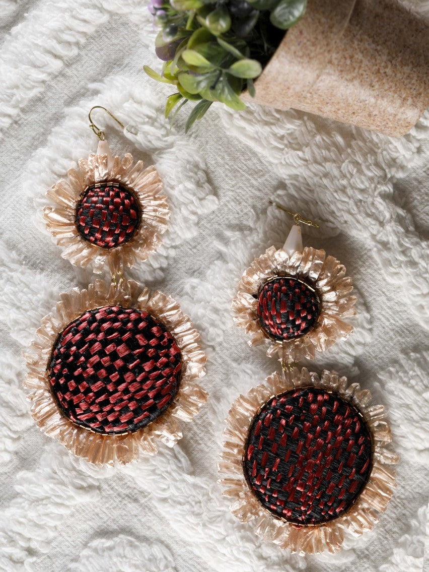 Beige Raffia earrings with a red and black base - The Tassle Life 