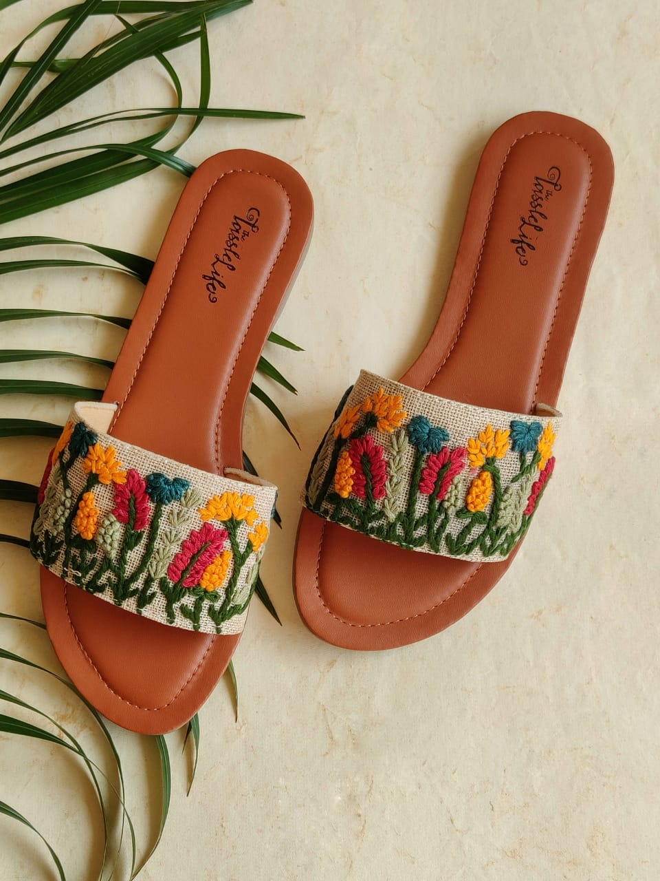 Hand Embroidered Floral Jute Sliders