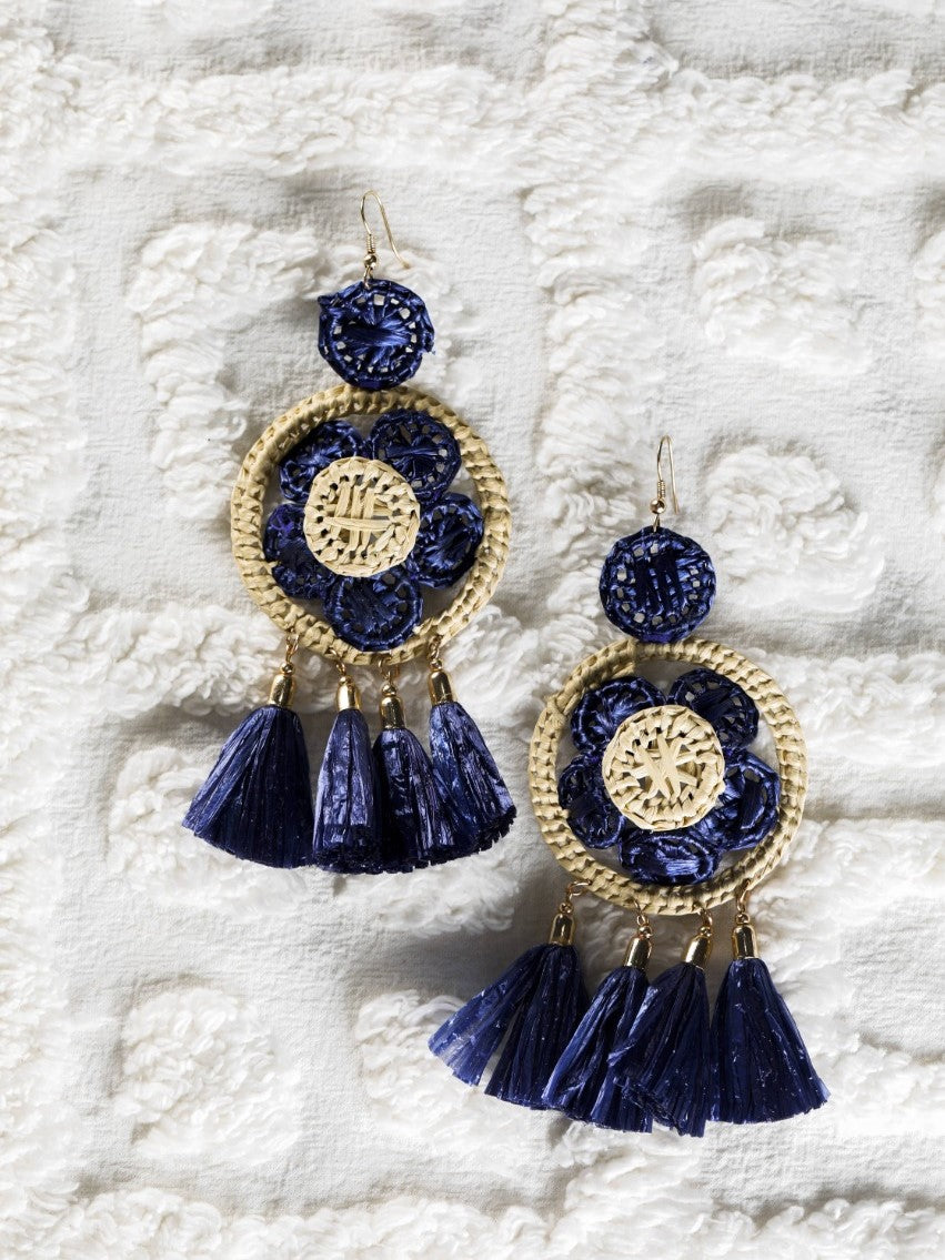 Navy blue and cream Raffia work Earrings with raffia tassels - The Tassle Life 