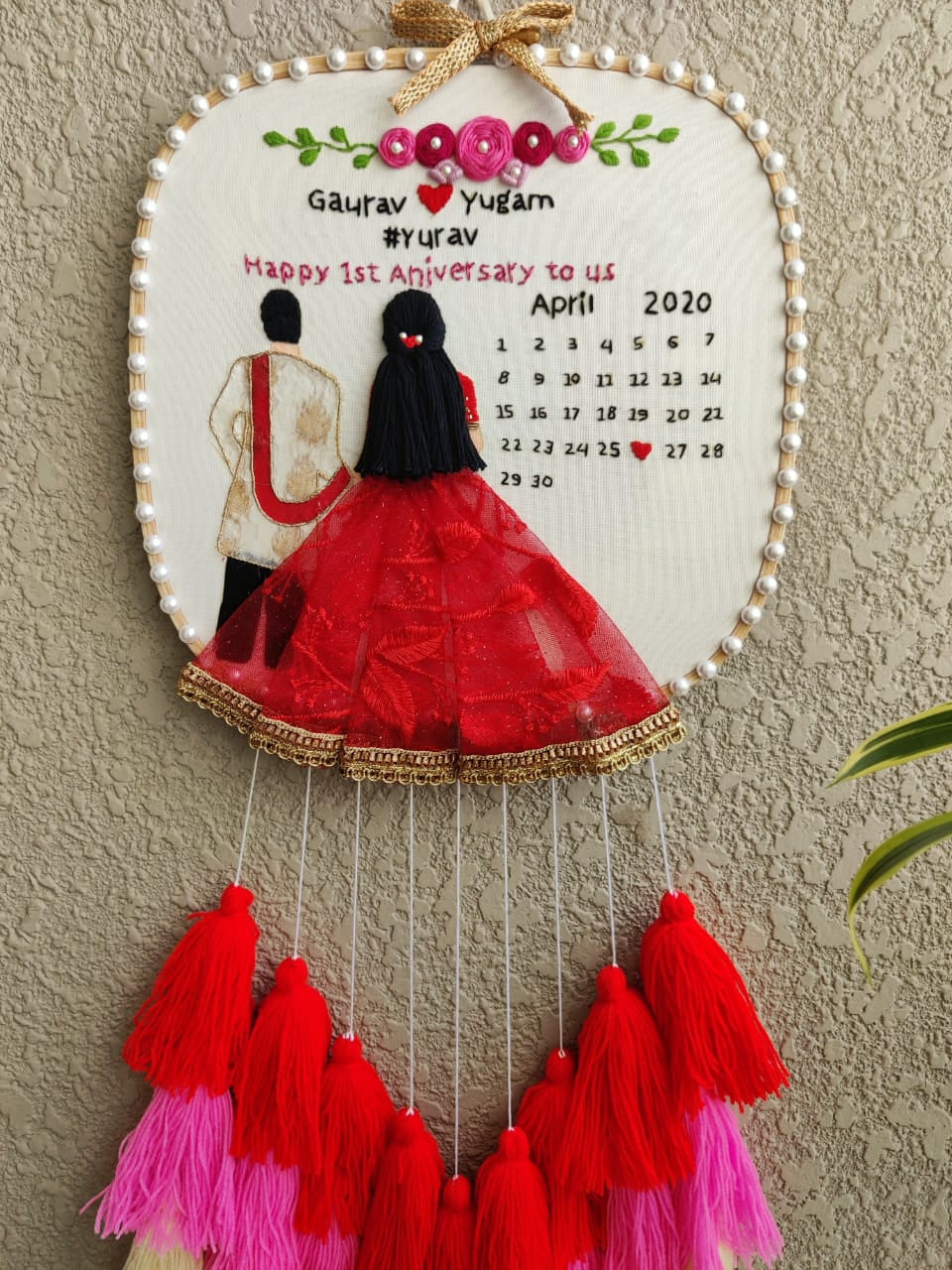 Customizable Bride & Groom Calendar Embroidered Hoop with Tassels