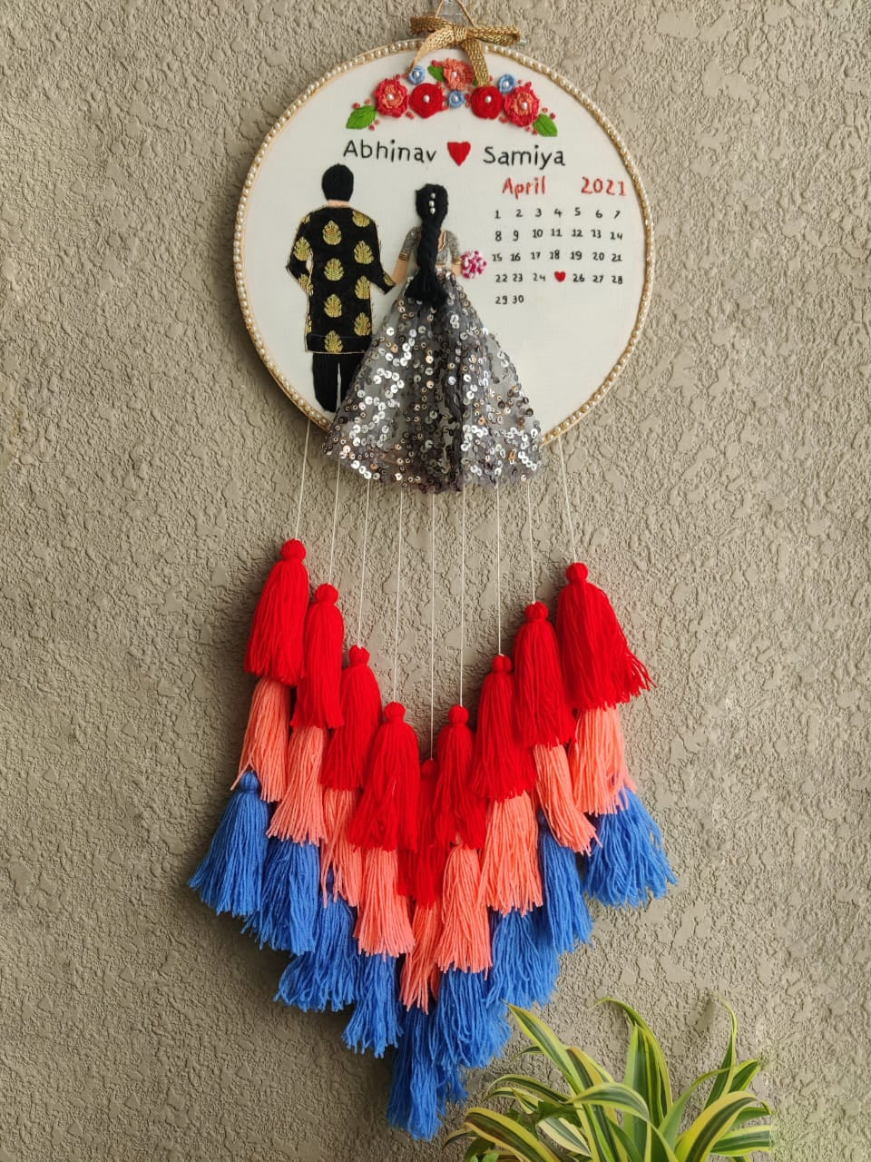 Customizable Bride & Groom Calendar Embroidered Hoop with Tassels