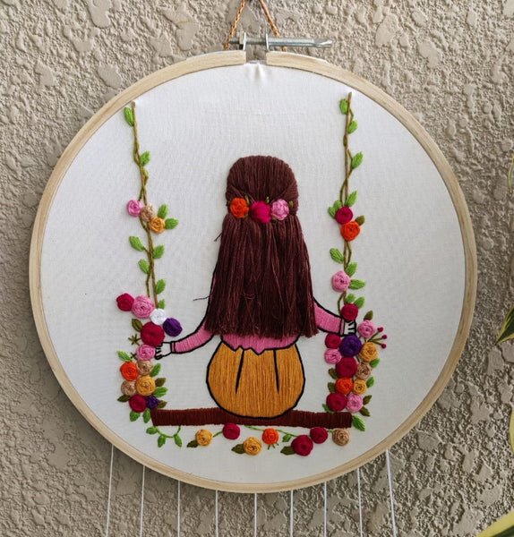 Single Girl on Swing Embroidered Hoop with Tassels