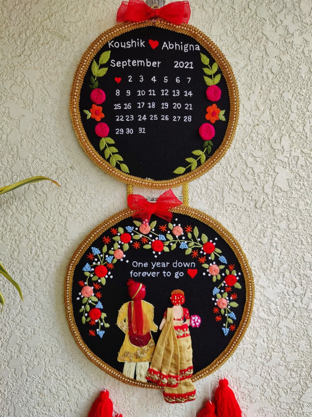 Customizable Bride & Groom Calendar Embroidered Double Hoop with Tassels