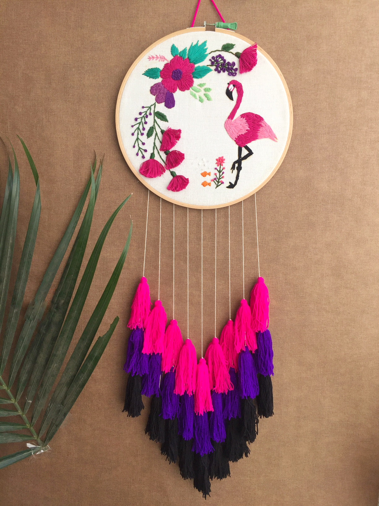 Hand Embroidered Floral & Flamingo Dreamcatcher - The Tassle Life 