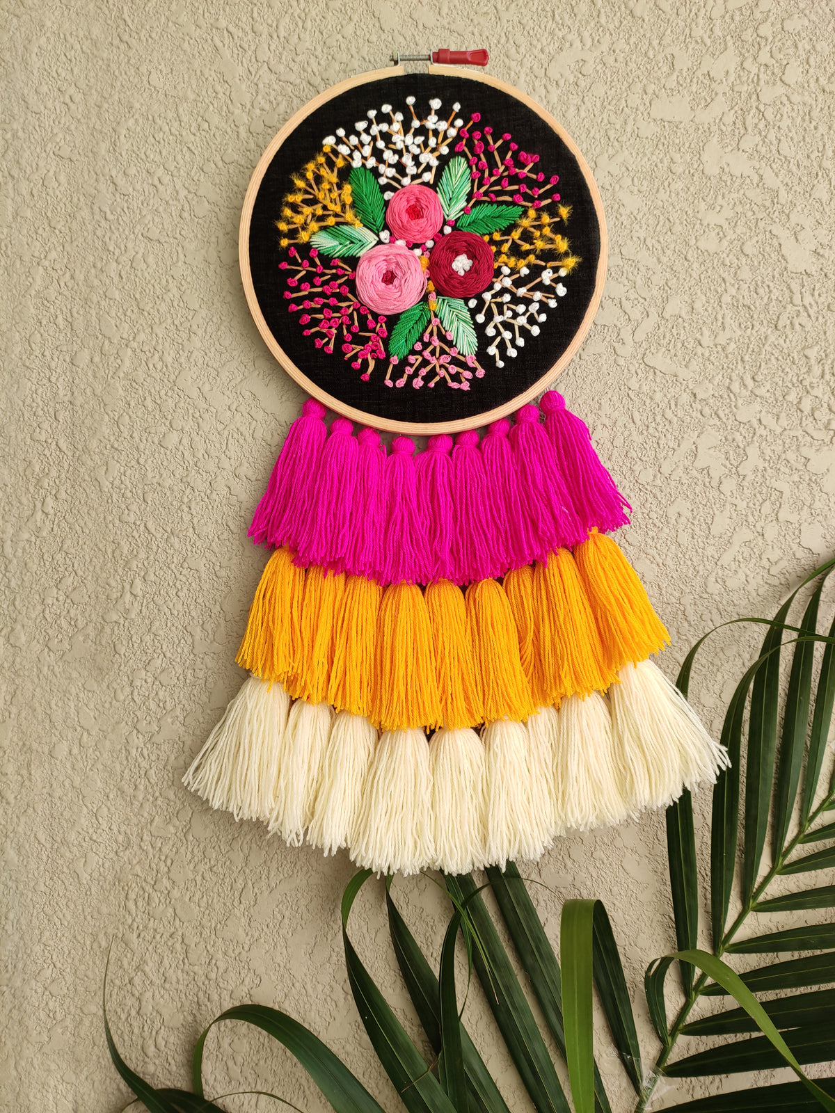 Hand Embroidered Black Floral Dreamcatcher - The Tassle Life 