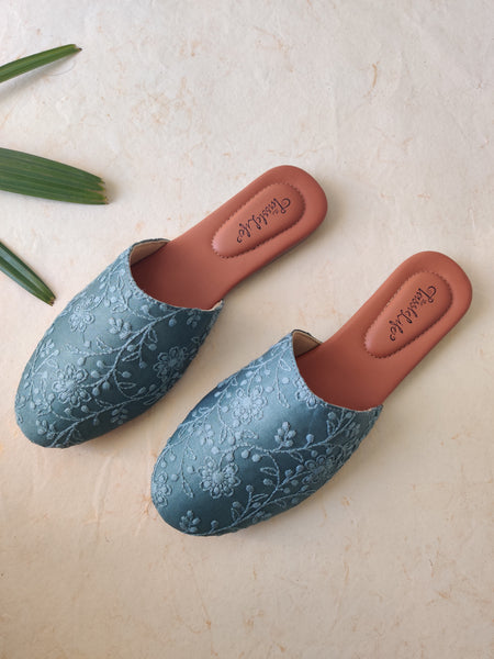 Teal Floral Embroidered Round Mules - The Tassle Life 