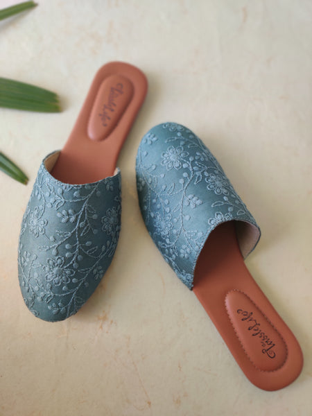 Teal Floral Embroidered Round Mules - The Tassle Life 