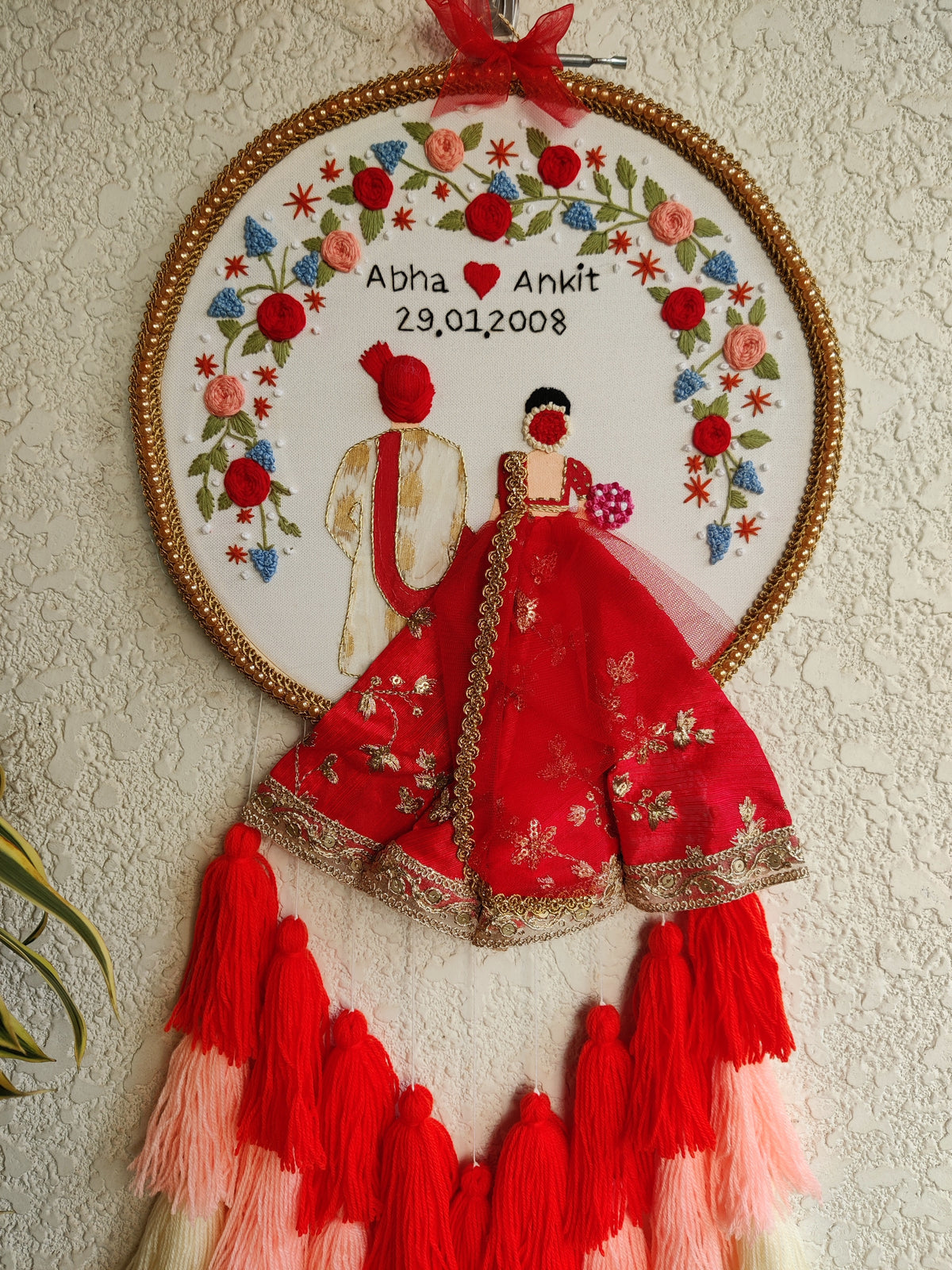 Customizable Couple Embroidered Hoop with Tassels