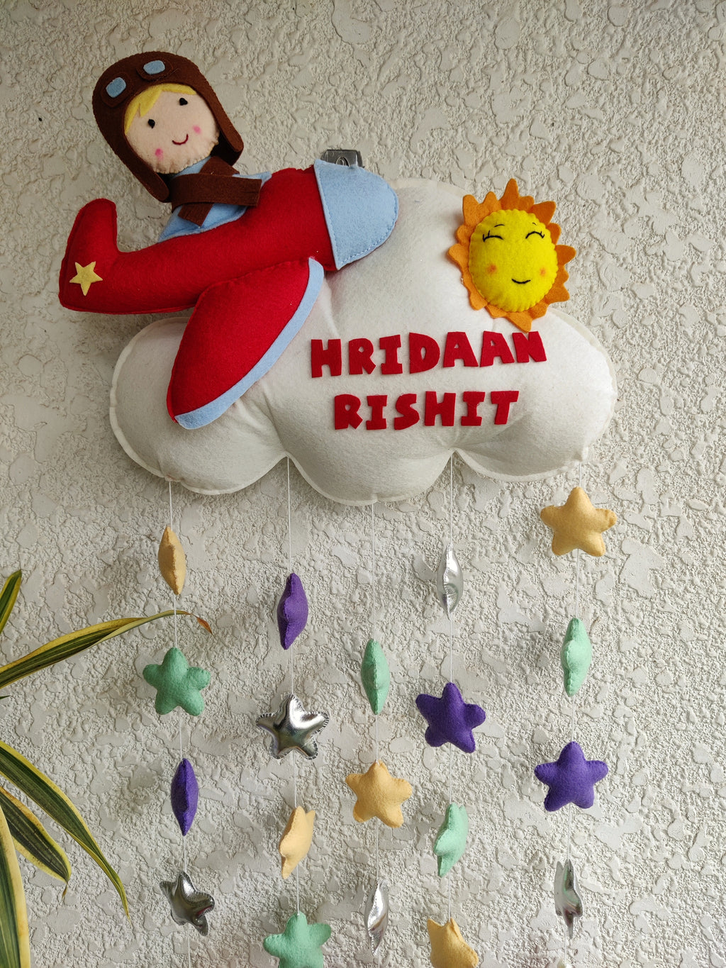 Customizable Name Felt Cloud with Aeroplane Wall Hanging with Stars