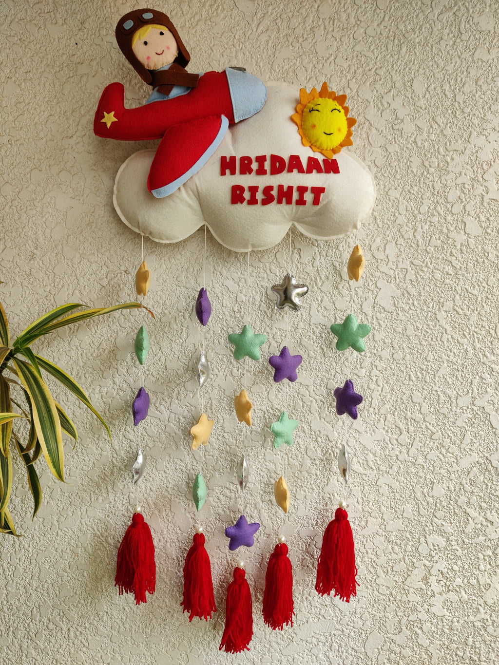 Customizable Name Felt Cloud with Aeroplane Wall Hanging with Stars