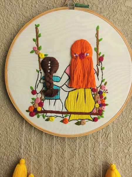 Mom & Daughter  Embroidered Hoop with Tassels