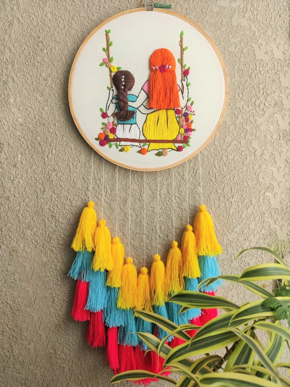 Mom & Daughter  Embroidered Hoop with Tassels