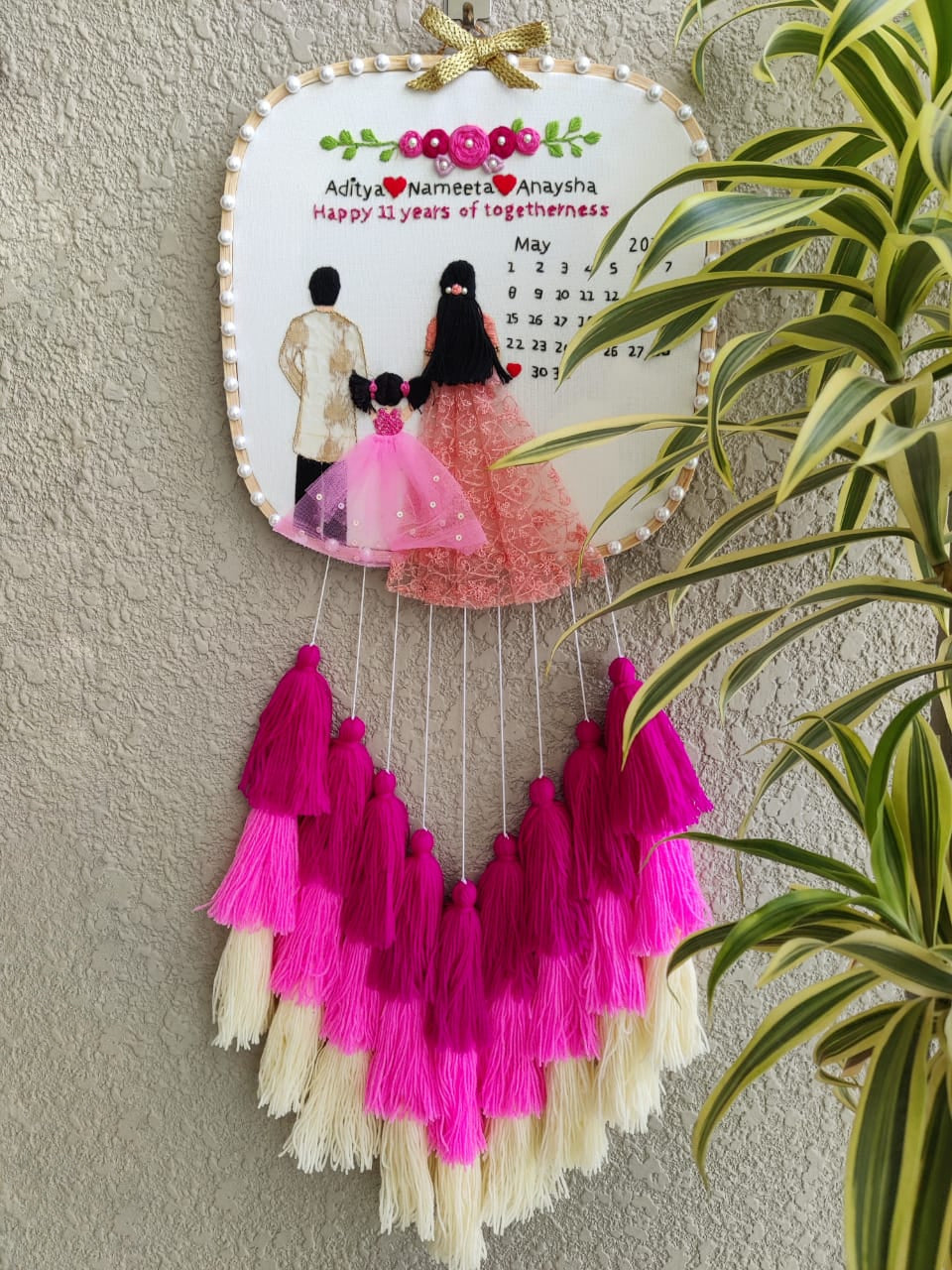 Customizable Couple & Child Anniversary Embroidered Hoop with Tassels