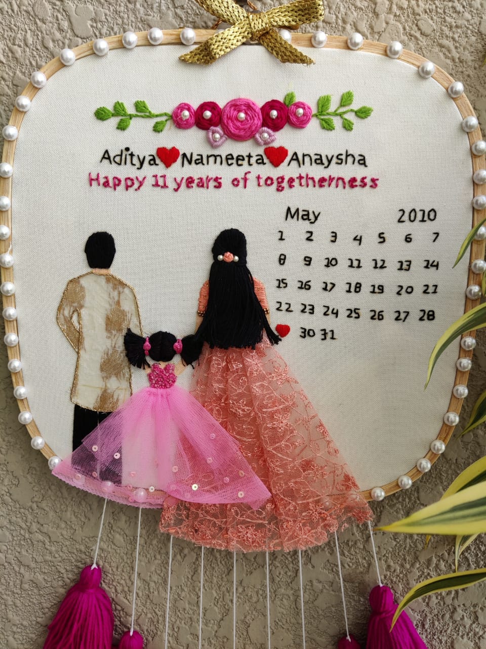Customizable Couple & Child Anniversary Embroidered Hoop with Tassels