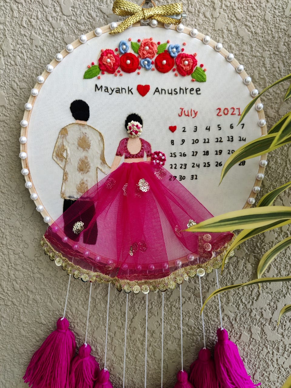 Customizable Bride & Groom Calendar Embroidered Hoop with Tassels