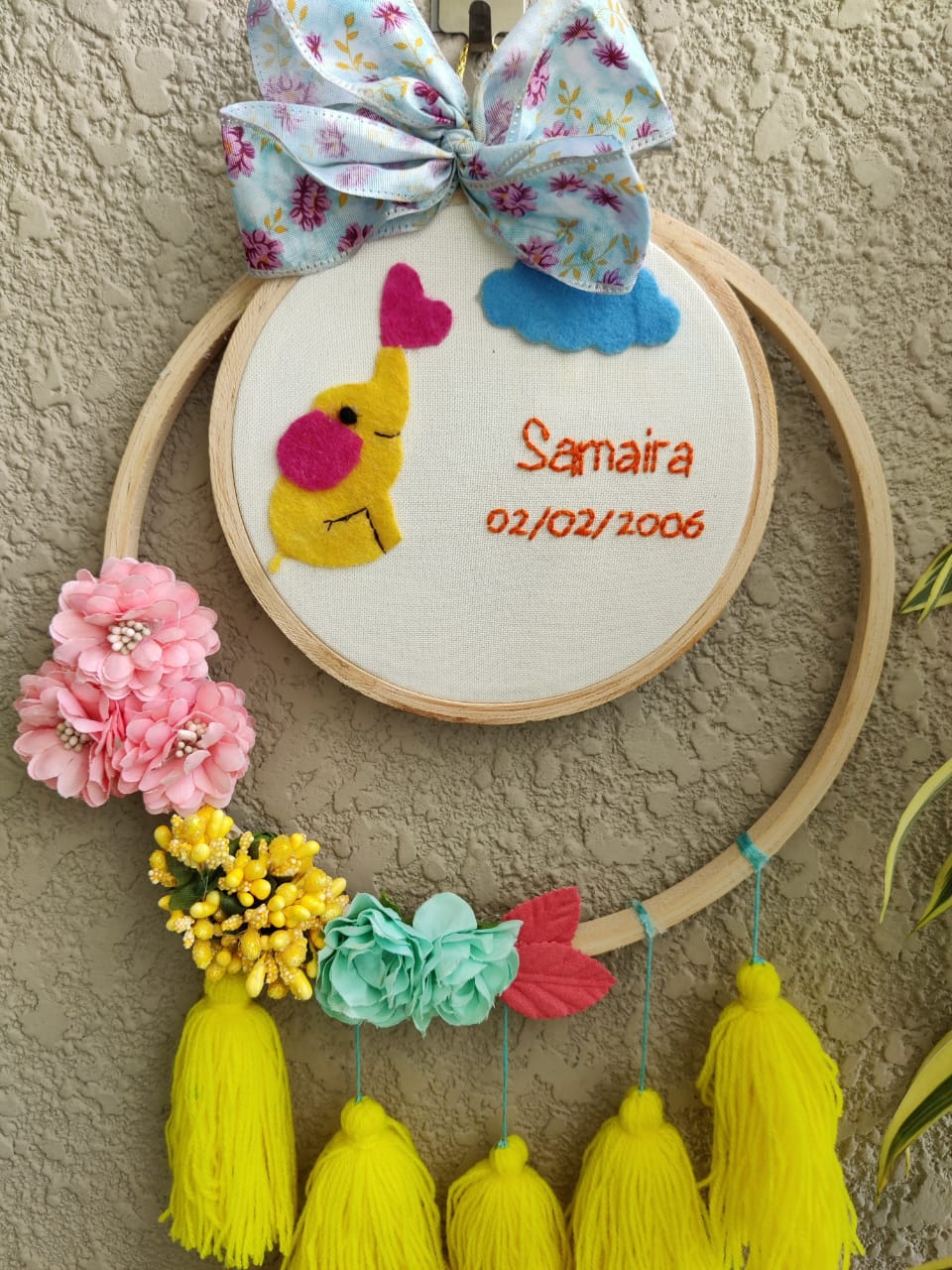 Customizable Name & Birthday Embroidered Hoop with Tassels