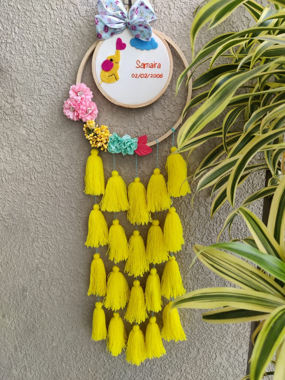 Customizable Name & Birthday Embroidered Hoop with Tassels
