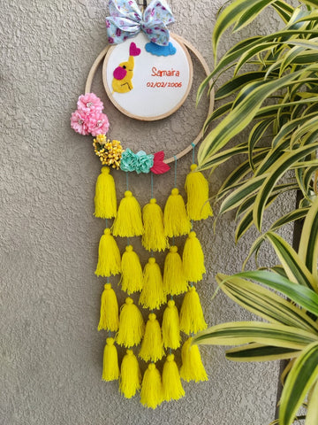 Customizable Name & Birthday Embroidered Hoop with Tassels