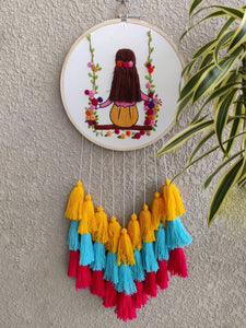 Single Girl on Swing Embroidered Hoop with Tassels