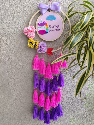Customizable Name & Birthday Embroidered Hoop with Tassels
