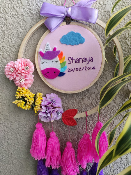 Customizable Name & Birthday Embroidered Hoop with Tassels