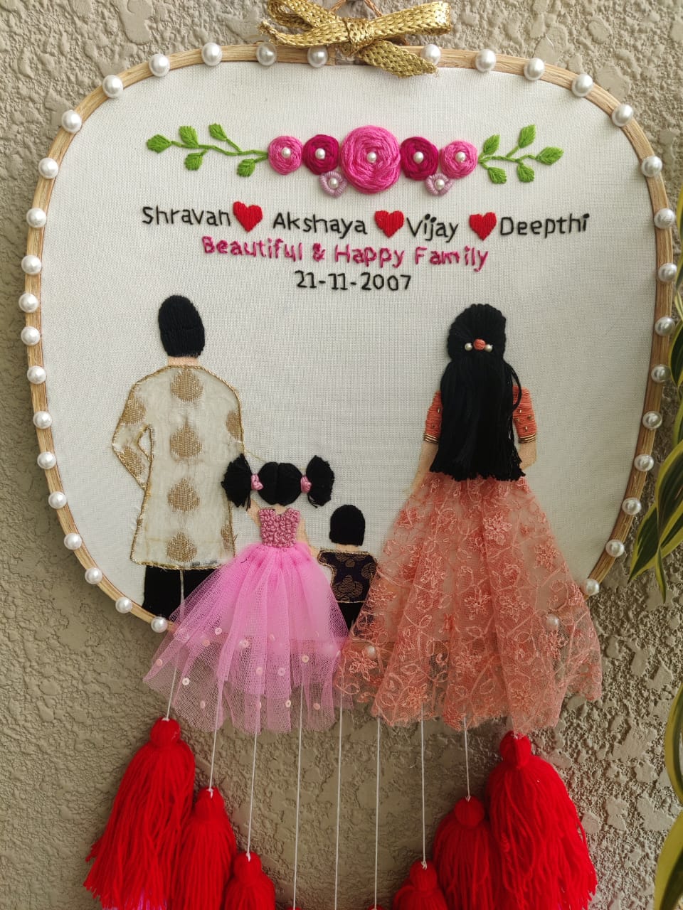 Customizable Couple & Child Anniversary Embroidered Hoop with Tassels