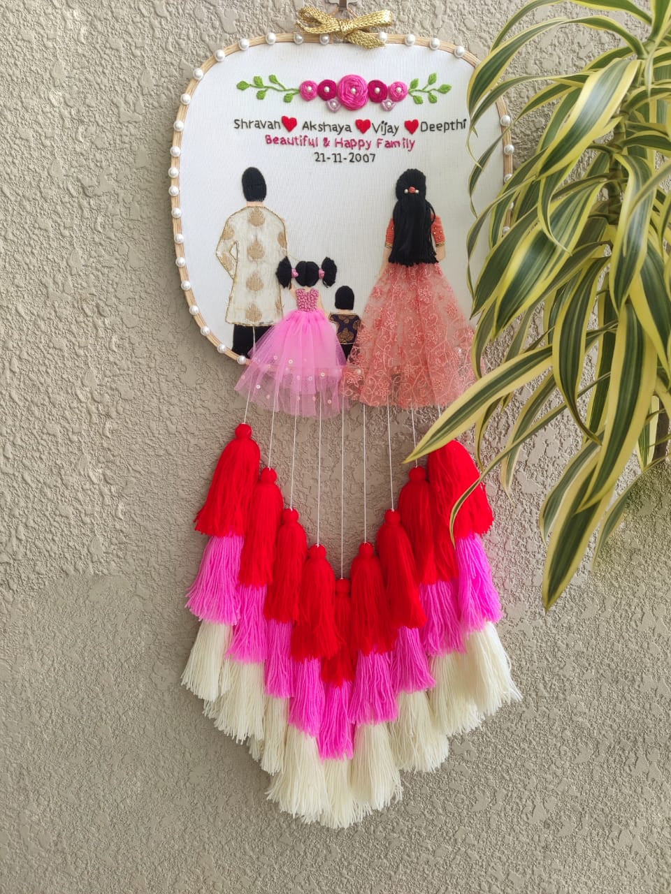 Customizable Couple & Child Anniversary Embroidered Hoop with Tassels
