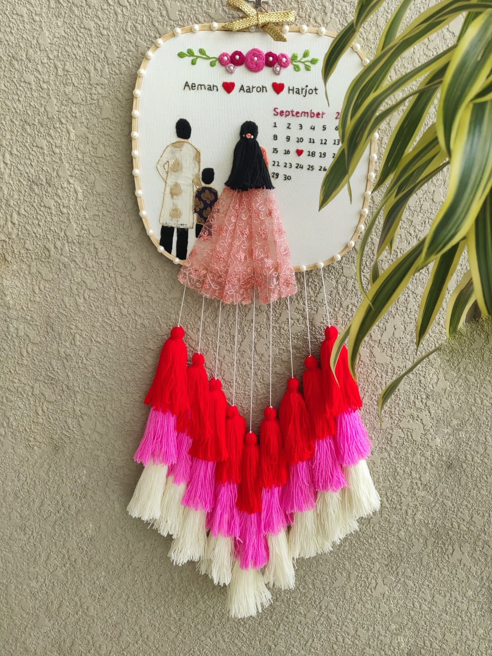 Customizable Couple & Child Anniversary Embroidered Hoop with Tassels